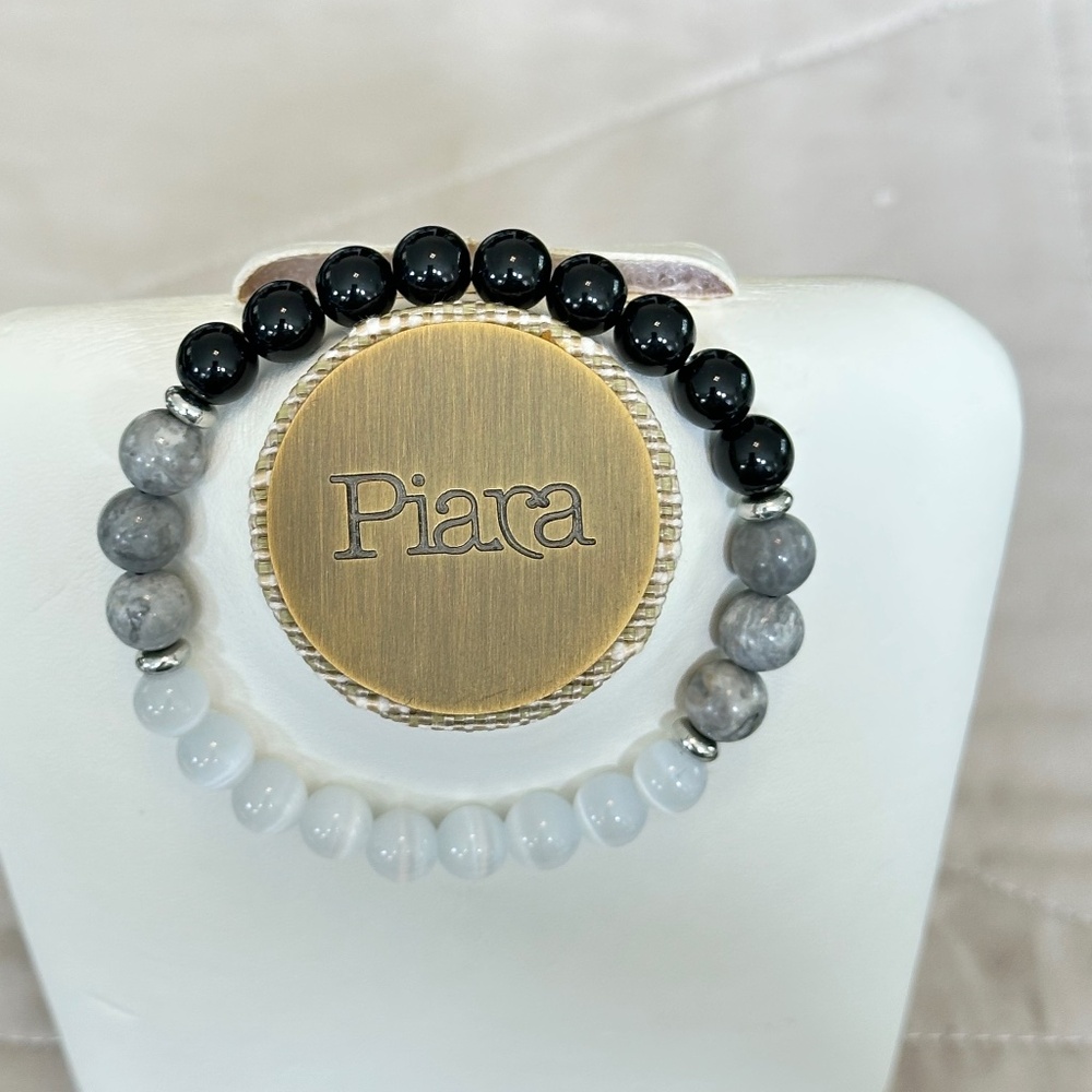 White Cats Eye, Black Onyx & Picasso Jasper stretchy beaded bracelet. 7-8mm - Picture 4 of 16